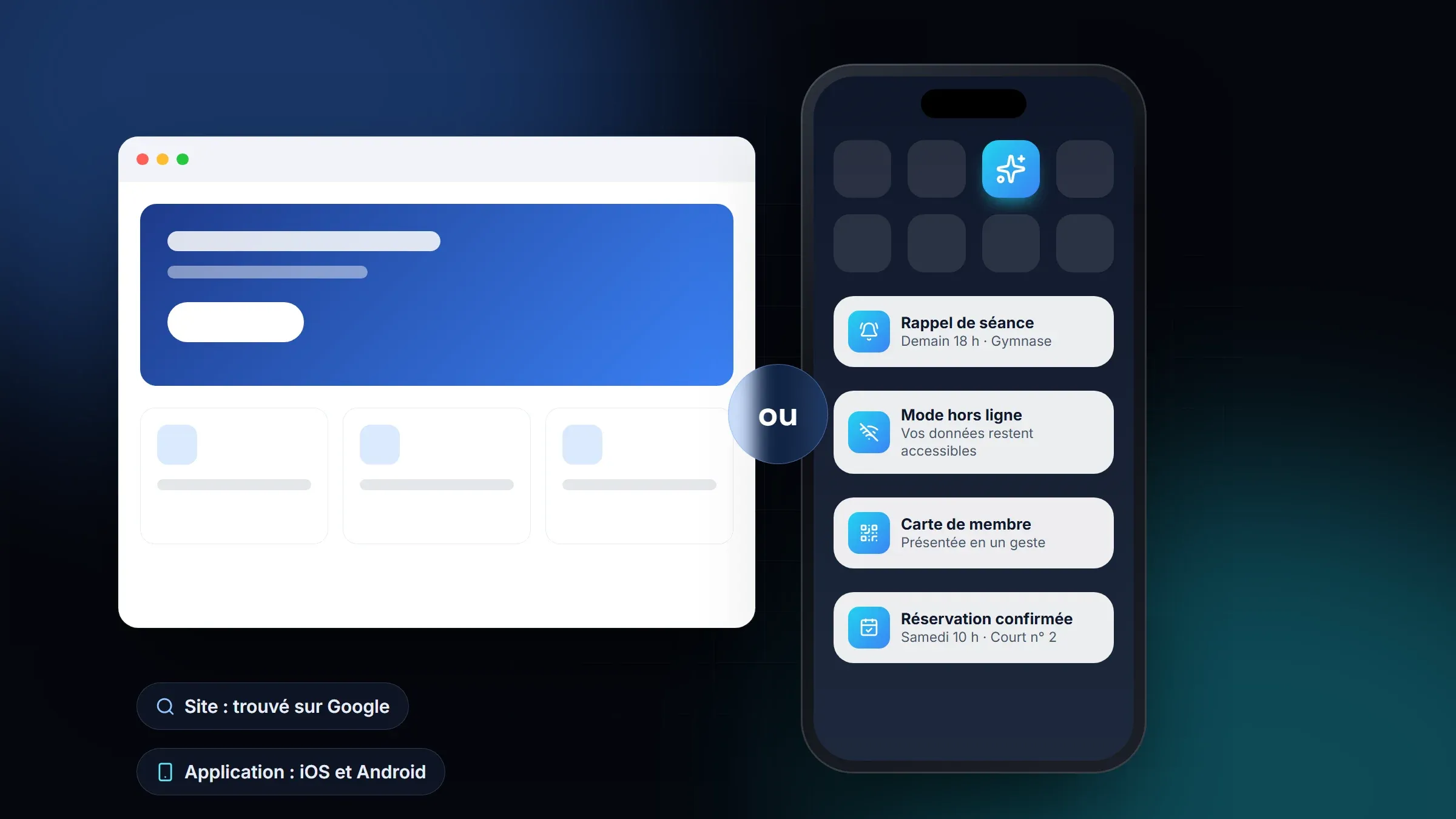 Un site internet sur ordinateur et une application mobile sur smartphone côte à côte