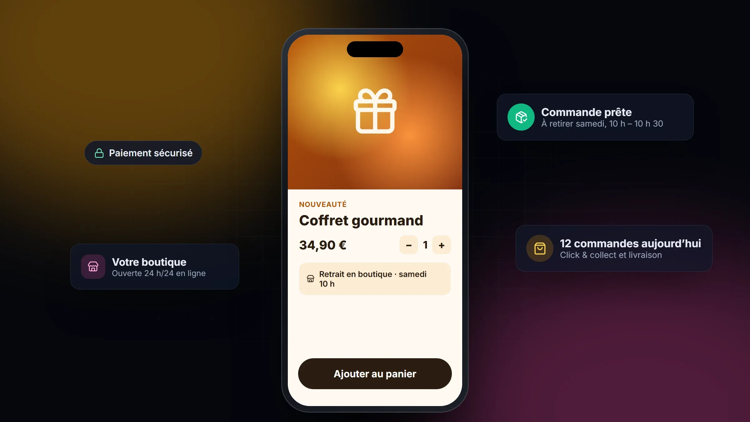 Fiche produit d’une boutique en ligne sur smartphone avec retrait en magasin et commande prête