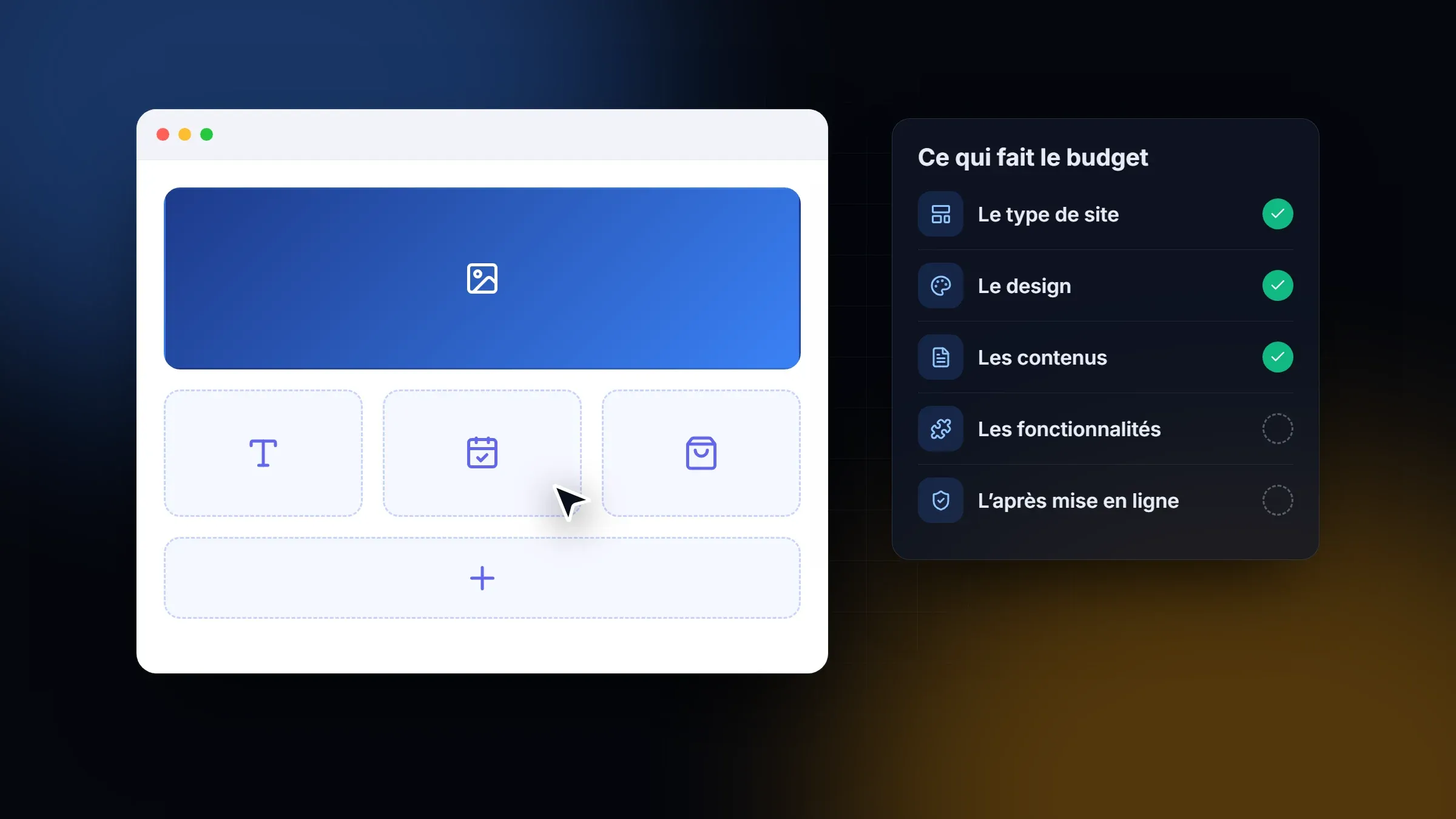Maquette de site en construction et liste des critères qui font varier le budget