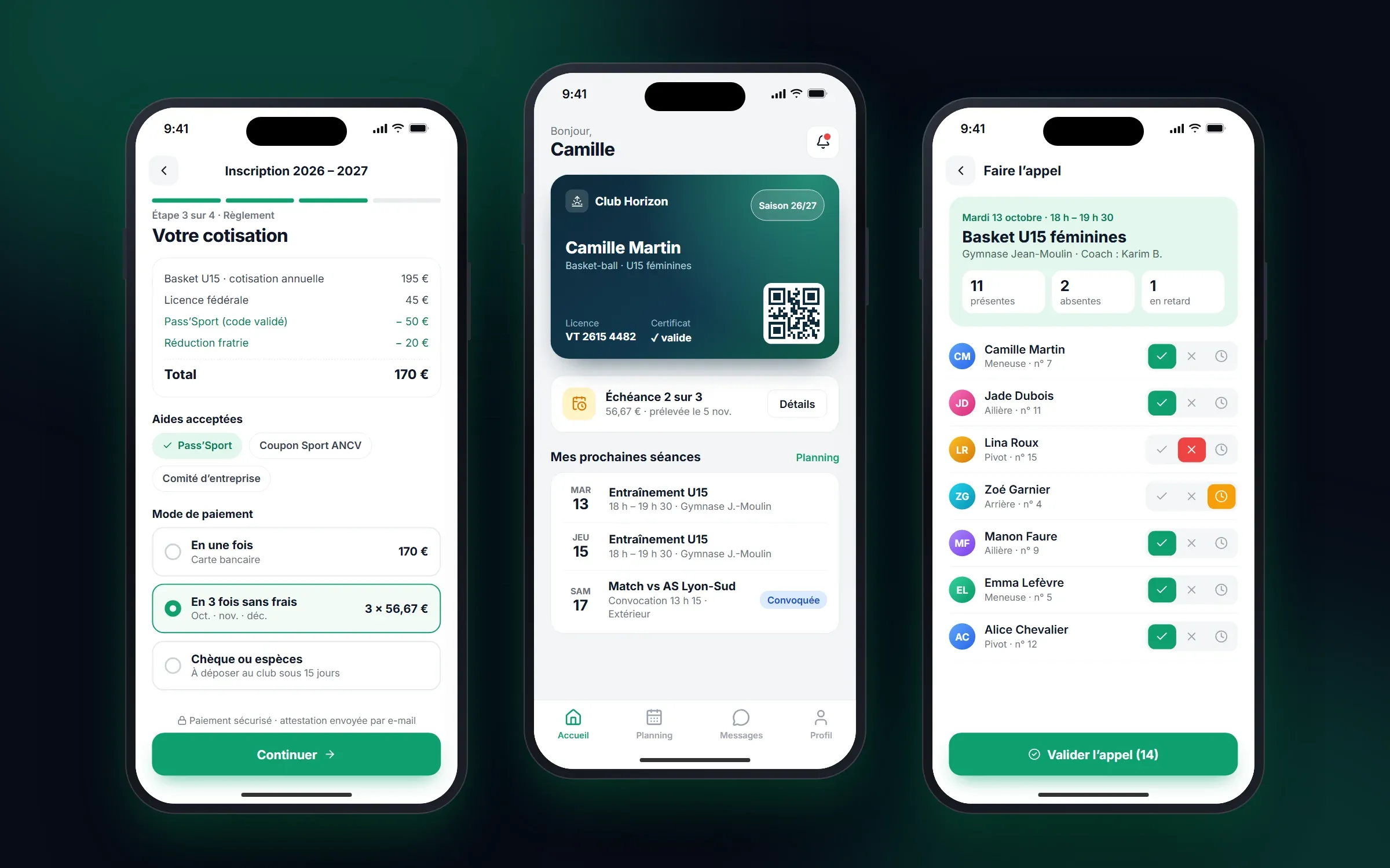 Trois écrans mobiles, inscription avec paiement en trois fois, espace adhérent et appel des présences par l’entraîneur