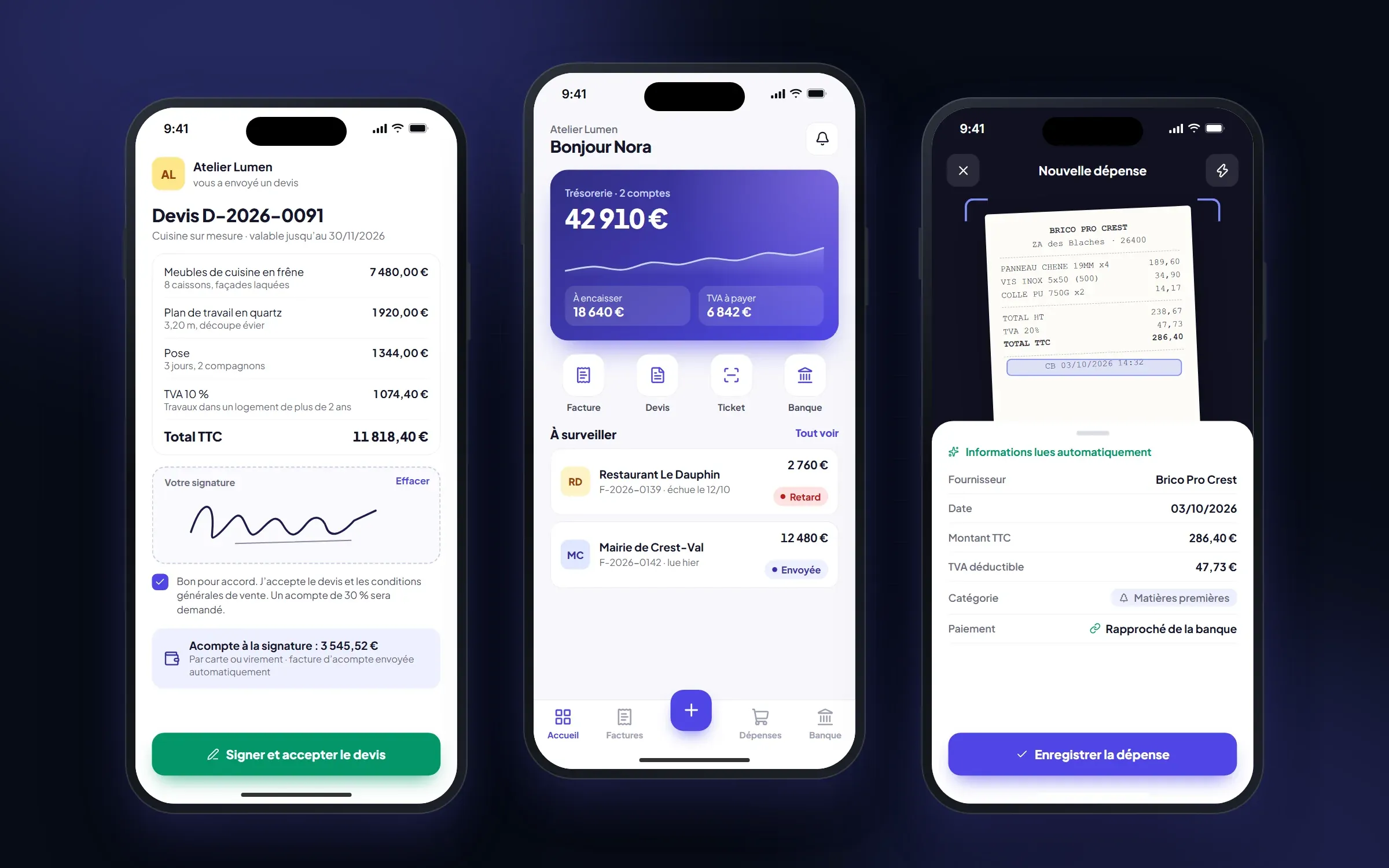 Trois écrans mobiles, signature d’un devis par le client, tableau de bord et lecture automatique d’un ticket de caisse