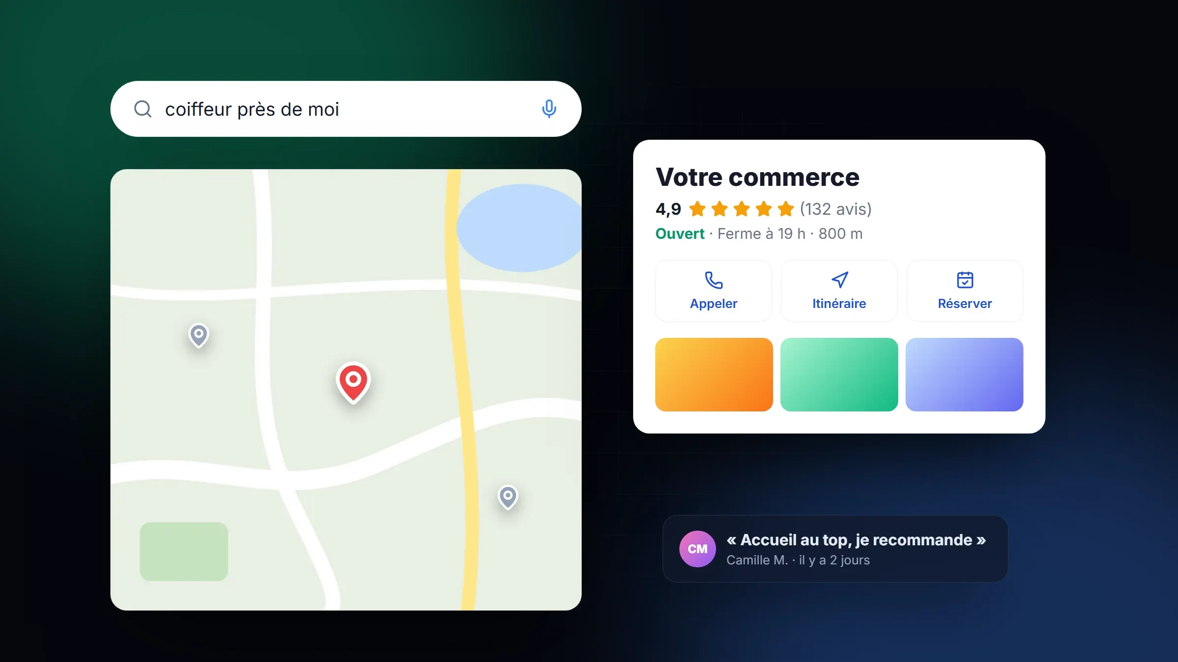 Carte avec un repère d’établissement, une fiche Google avec avis cinq étoiles et une recherche locale