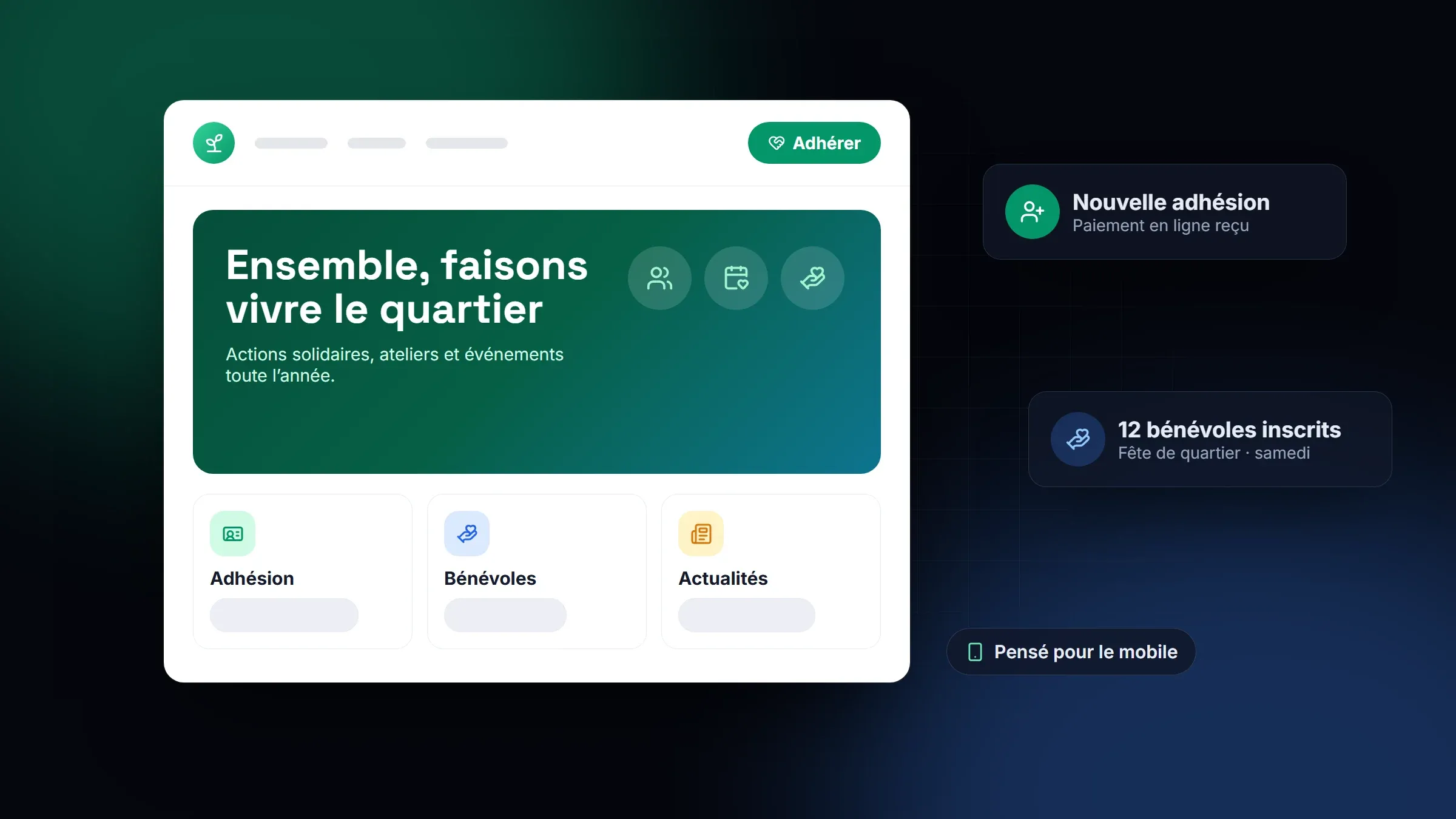 Site d’association avec bouton d’adhésion, espace bénévoles et actualités