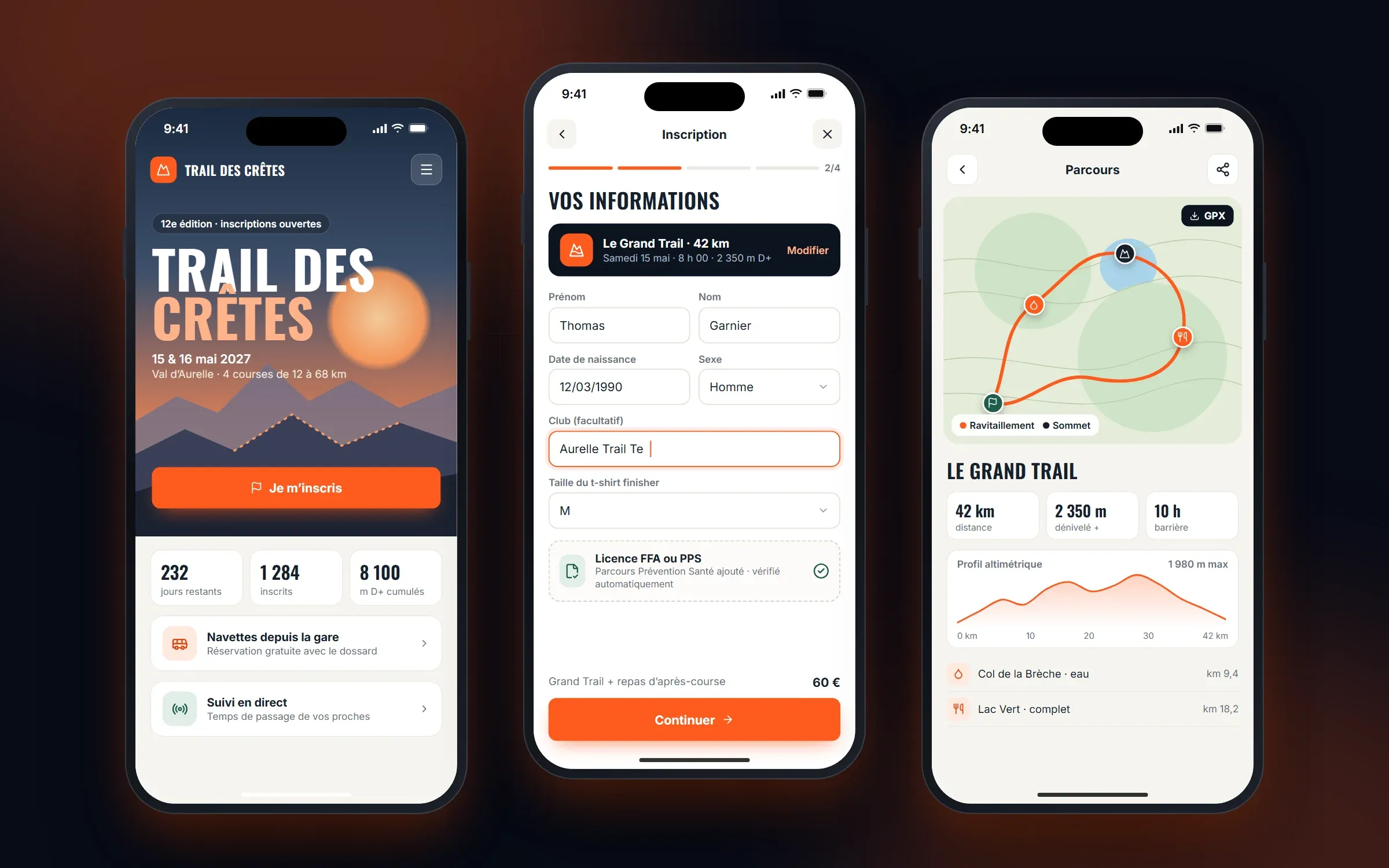 Trois écrans mobiles, accueil de la course, formulaire d’inscription et parcours avec profil altimétrique